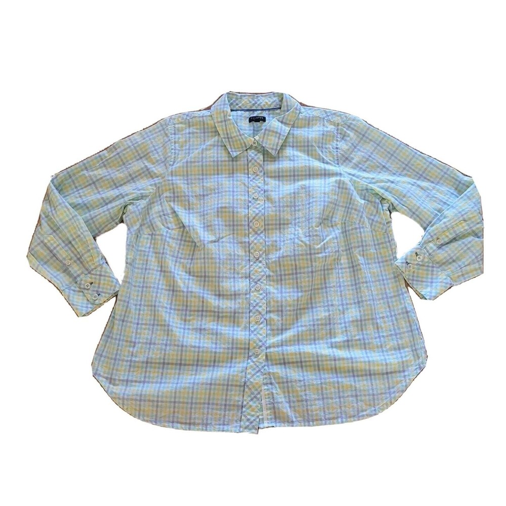 Talbots Top Shirt Womens 1X Petite Blue Yellow Plaid Button Down Casual Career